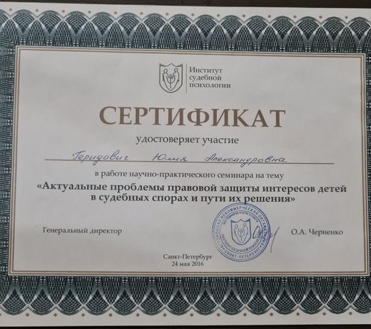 Семинар «Защита интересов детей в судебных спорах», 2016 год